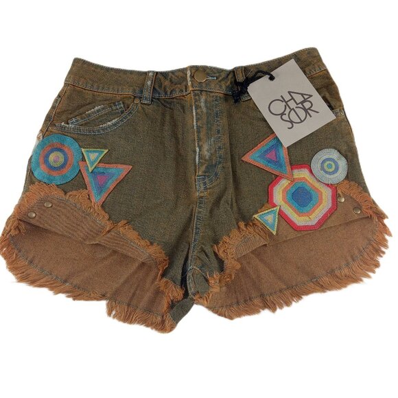 Chaser High Rise Cutoff Denim Shorts Women's Size 28 Desert Wash Patches - Picture 1 of 9